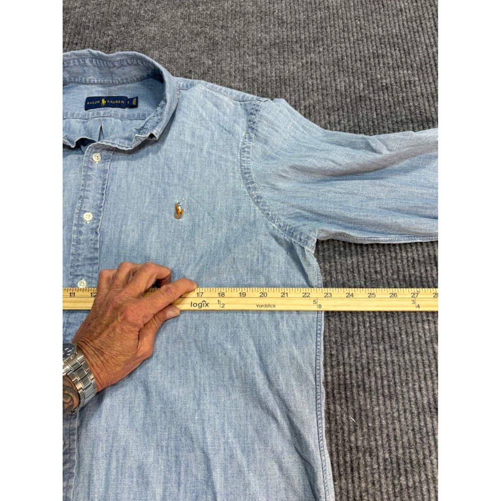 Ralph Lauren Mens L Light Blue Chambray Button Down Shirt Long Sleeve Pony Logo - Picture 2 of 6